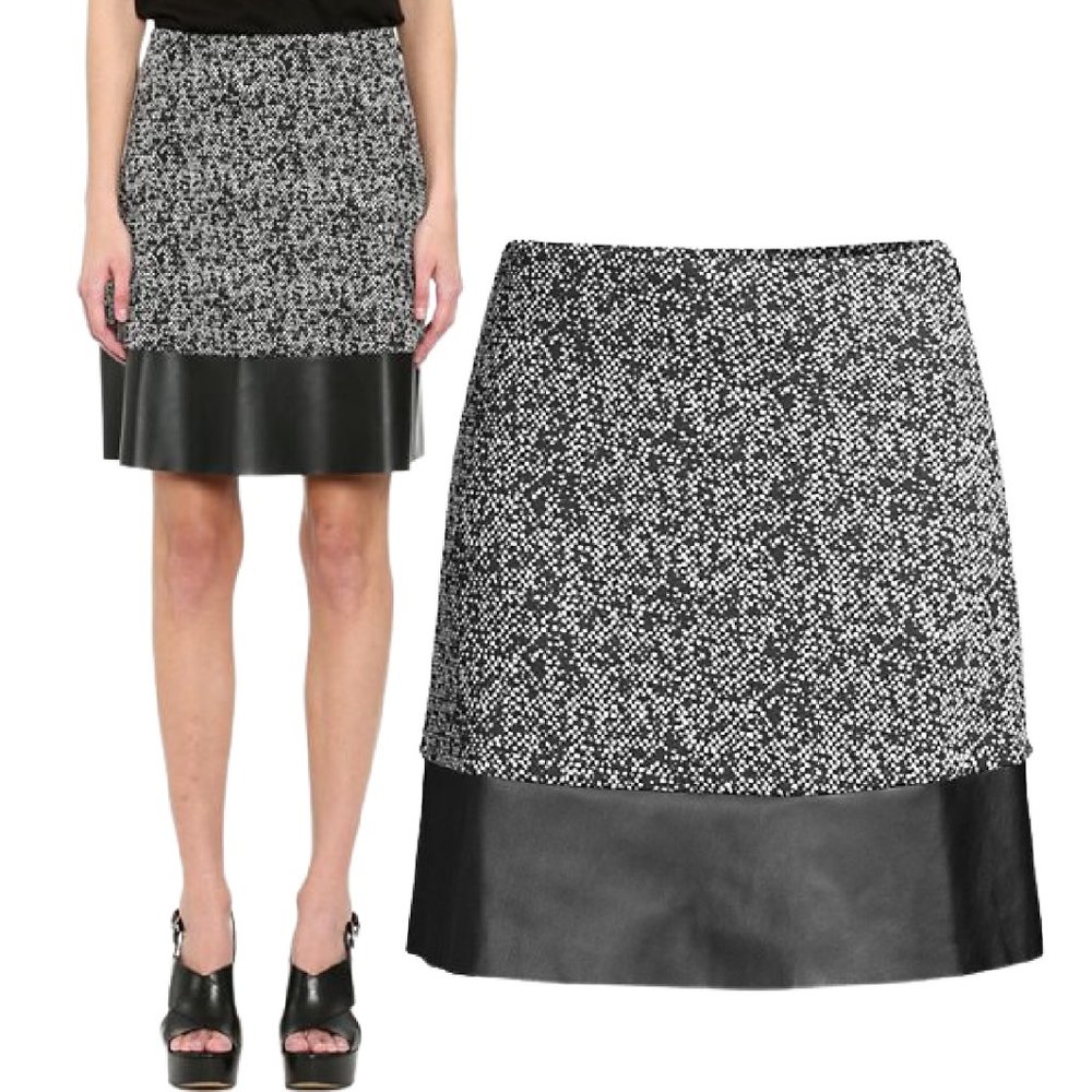 Michael Kors Skirt Black White Tweed Faux Leather Hem Large NEW
